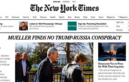 new york times newspaper headline: mueller finds no trump russia conspiracy
